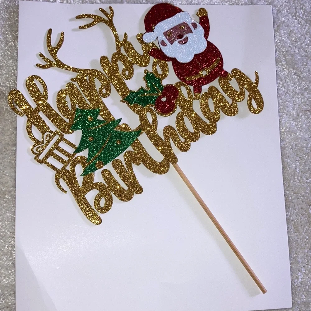 Merry Christmas Happy Birthday Santa Gold Party Cake Topper Decoration New